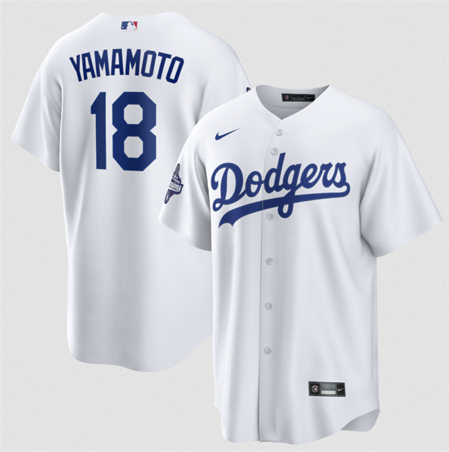 Men's White Los Angeles Dodgers #18 Yoshinobu Yamamoto 2025 World Series Champions Patch Cool Base Stitched Baseball Jersey